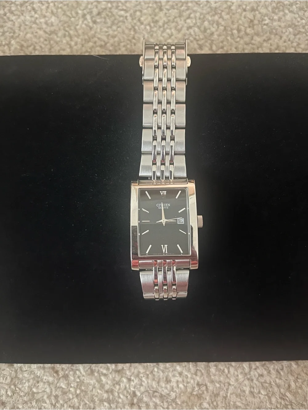 Citizen Silver-Tone Rectangular Watch with Black Dial